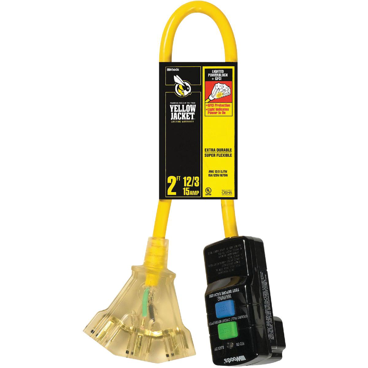 Yellow Jacket 2 Ft 123 GFI Extension Cord with Powerblock