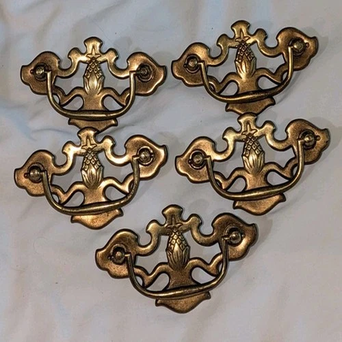 (5) Vintage 1960s (?) Brass Pineapple Drop Bail Drawer Pulls / Handles & Screws