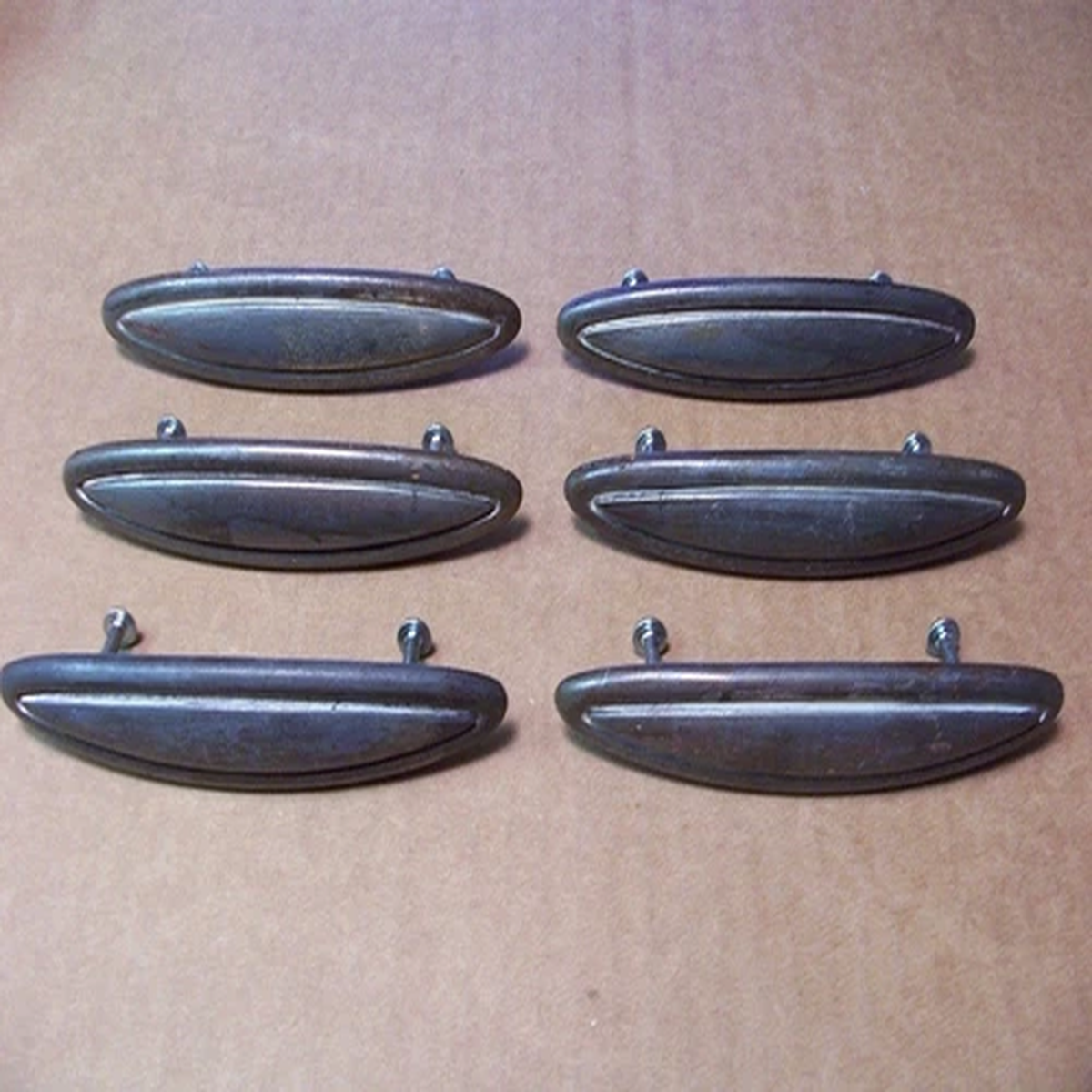 (6) VINTAGE METALLIC FINISH DRAWER PULLS / HANDLES -- ORIGINAL SCREWS INCLUDED