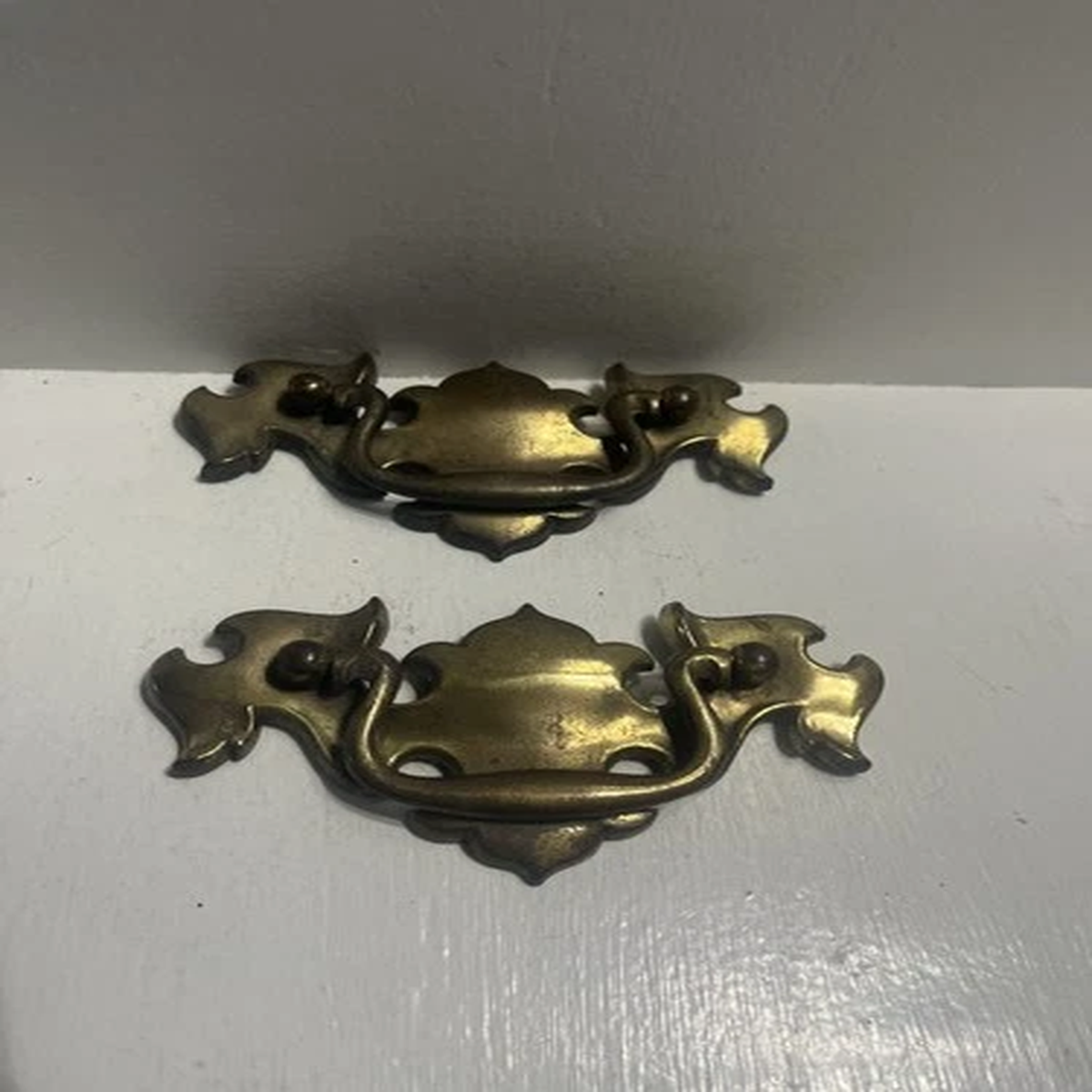 - (2) Brass Drawer Handles Antique Architectural Salvage Hardware No Fasteners